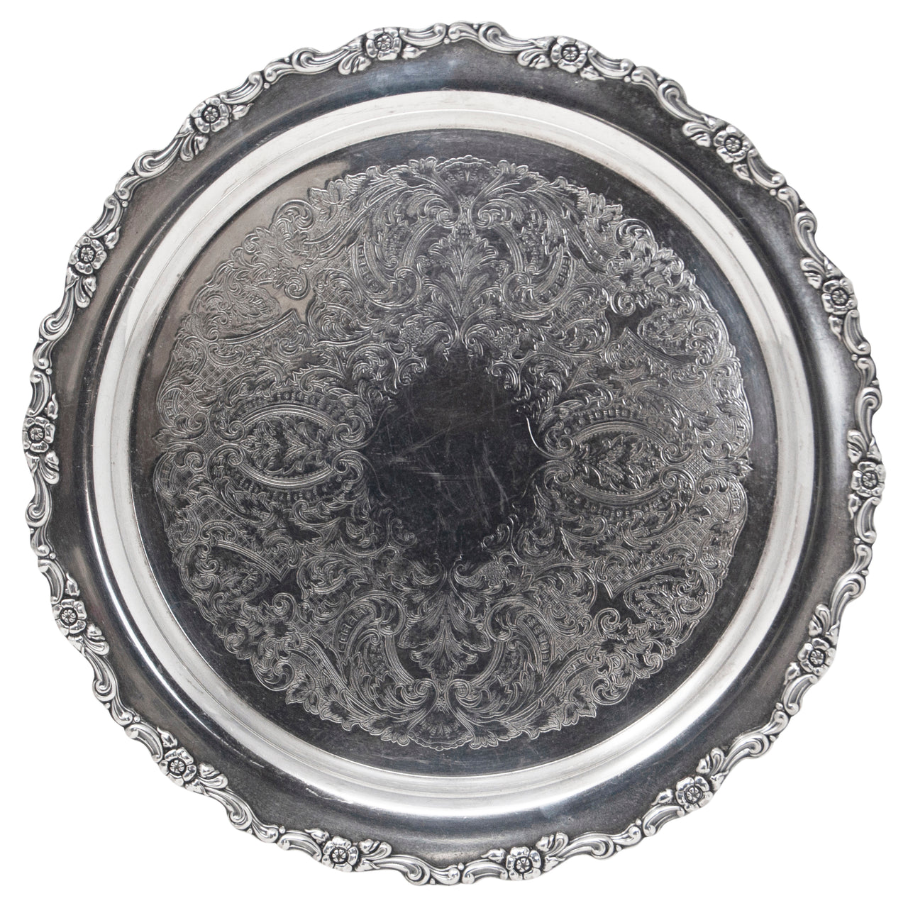 Vintage Oneida Round Floral Edge Silver Plate Tray | The Hour Shop