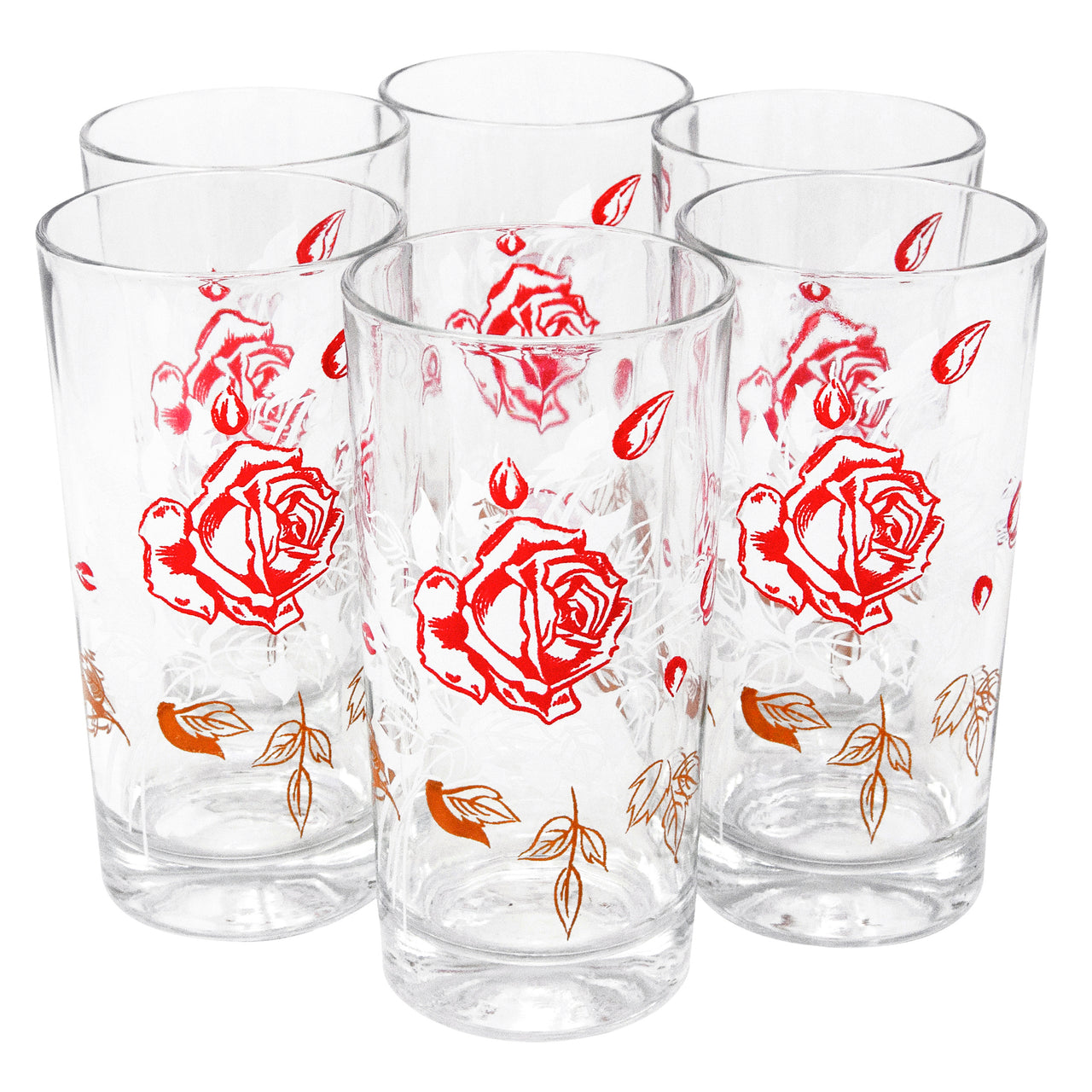 Vintage Red Roses White Leaves Collins Glasses | The Hour Shop