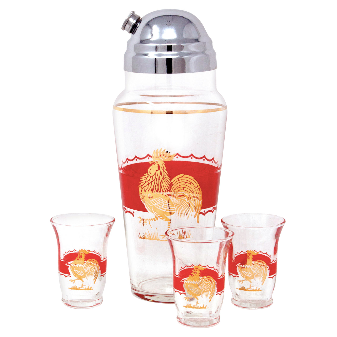 Vintage Red & Gold Rooster Glass Cocktail Shaker Set Front | The Hour Shop