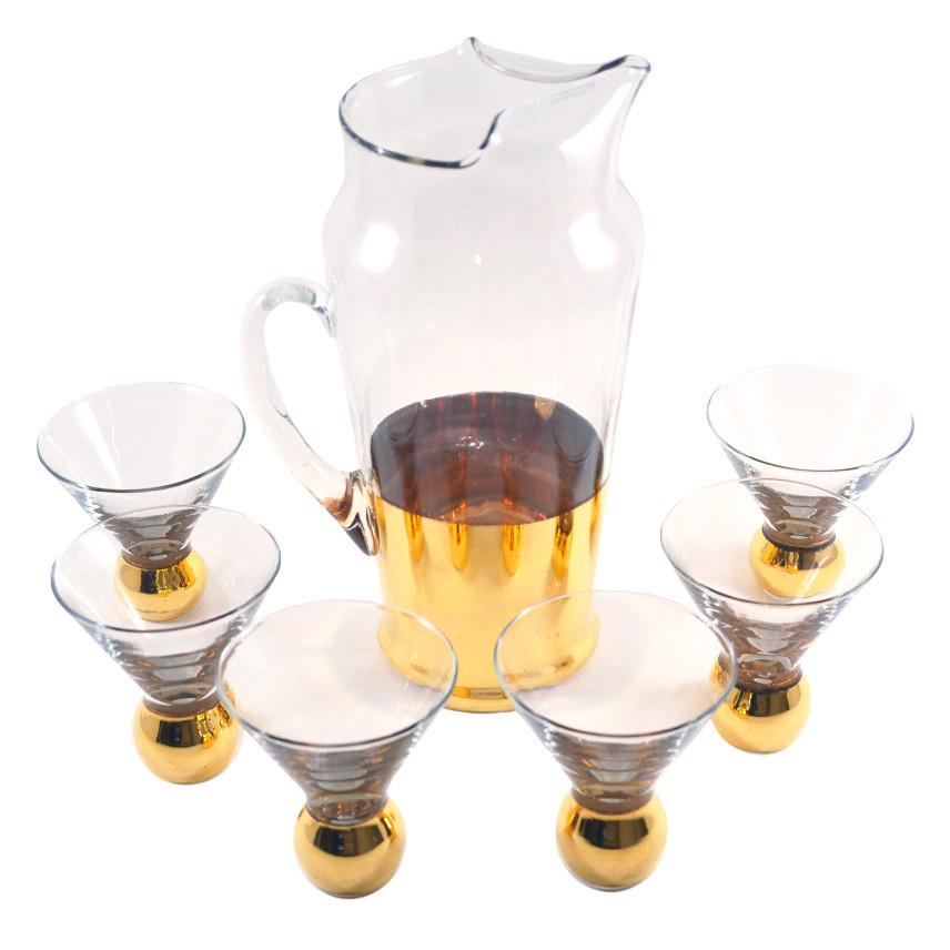Vintage Gold Base Cocktail Pitcher Glass Set, The Hour Shop