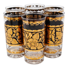 Georges Briard Gold and Black Flower Collins Glasses | The Hour Shop