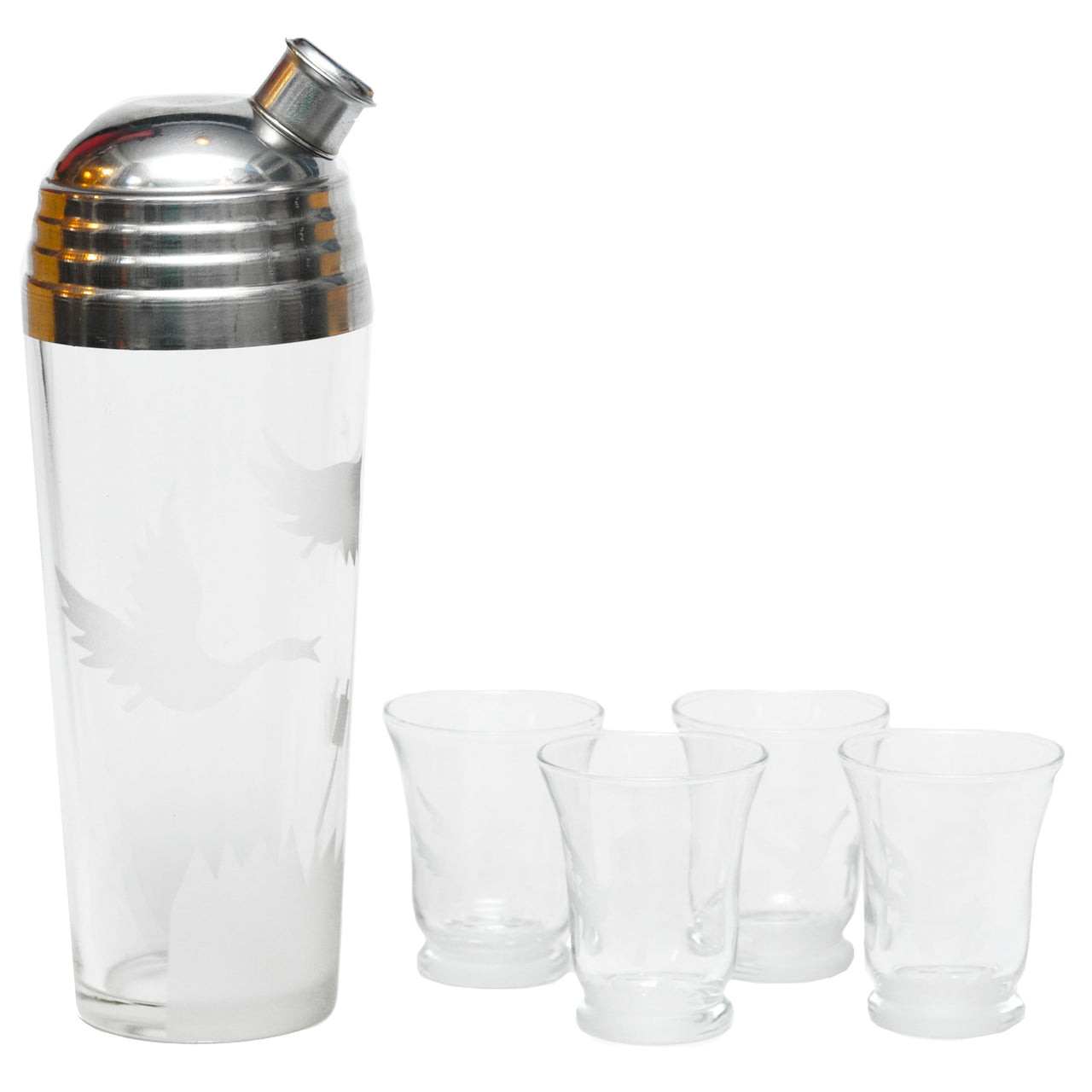 Vintage Frosted Etched Flying Geese Cocktail Shaker Set | The Hour Shop
