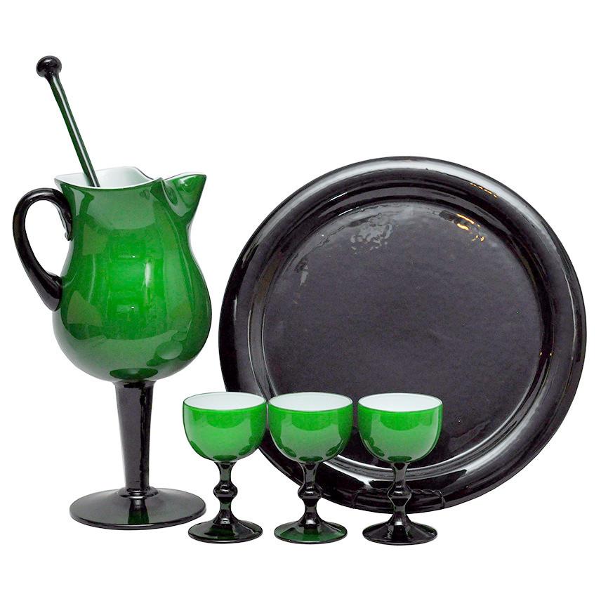 Carlo Moretti Green & Black Cocktail Pitcher Set, The Hour Shop Vintage Barware Glassware Cocktail Glasses Pitcher Tray
