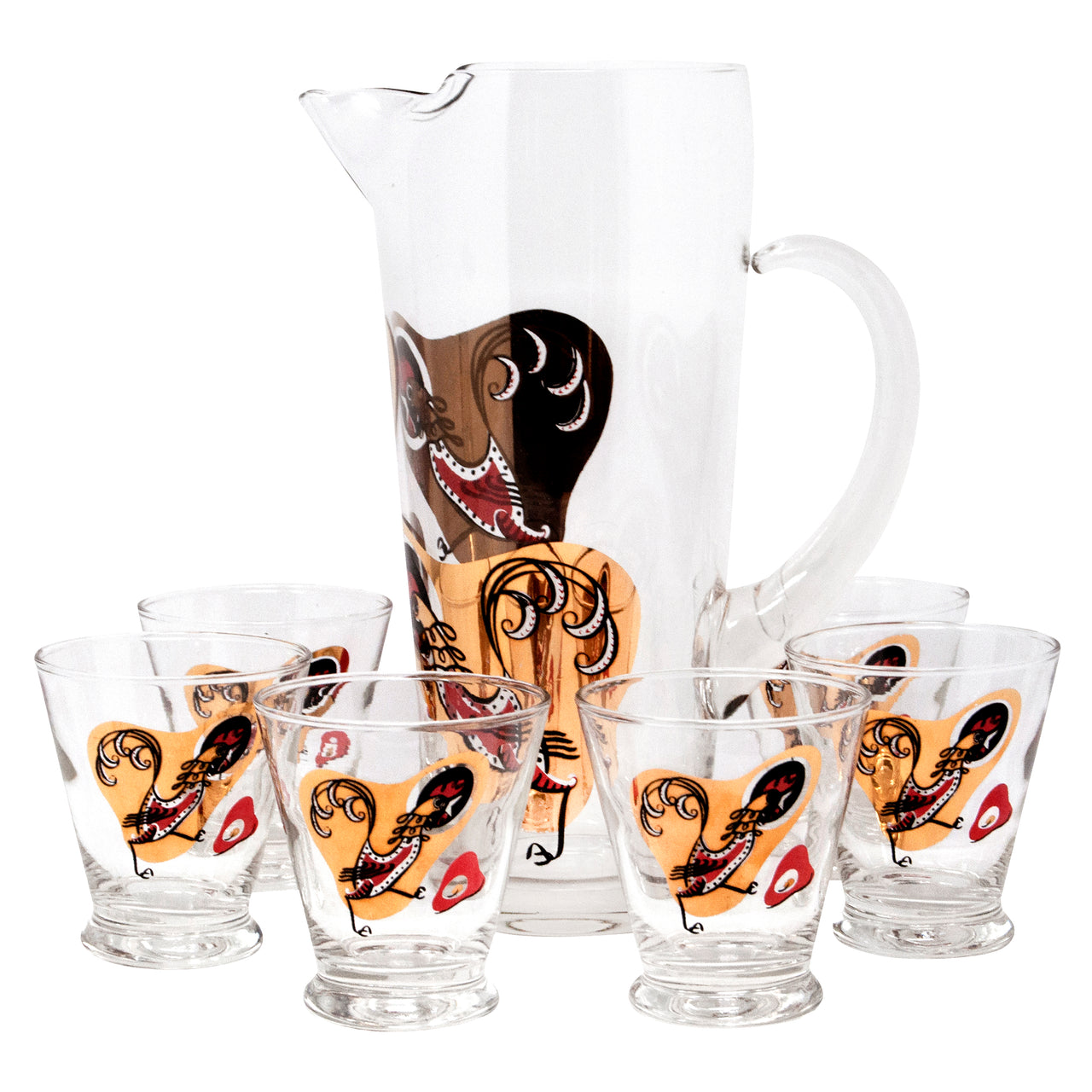Vintage Gold, Black & Red Stylized Rooster Cocktail Pitcher Set Front | The Hour Shop