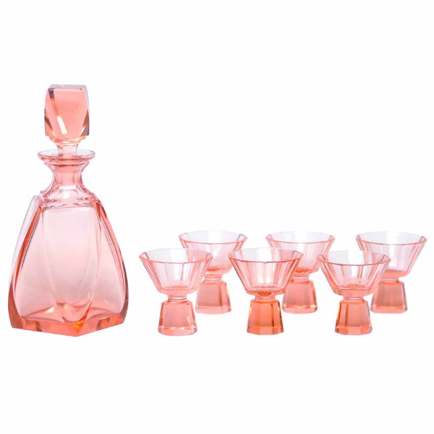 Art Deco Pink Decanter Set, The Hour Shop Vintage Barware Glassware Decanter Cocktail Glasses