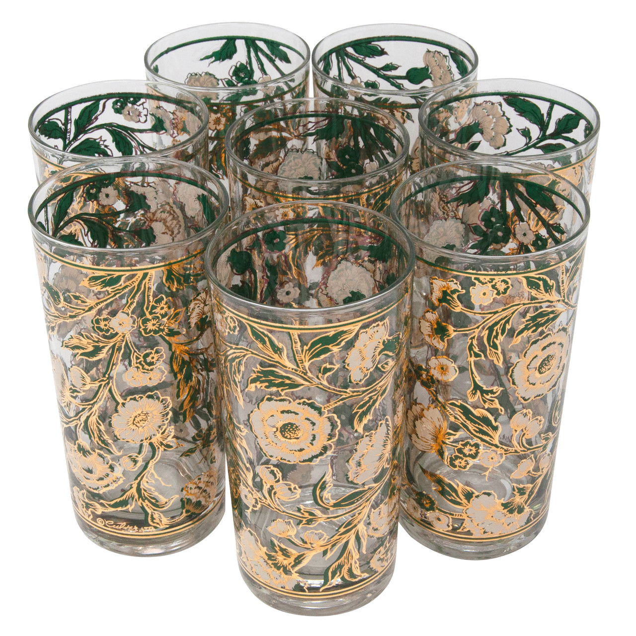 Vintage Culver Teal White & Gold Flower Collins Glasses The Hour