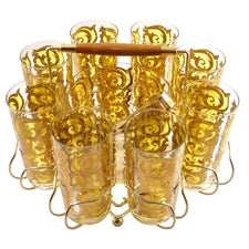 Yellow & Gold Scroll Ice Bucket Glass Caddy Set | The Hour Vintage