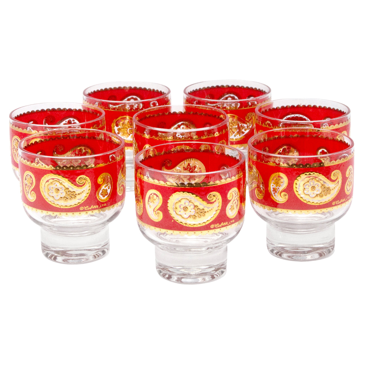 Vintage Culver Red & Gold Paisley Footed Rocks Glasses | The Hour Shop