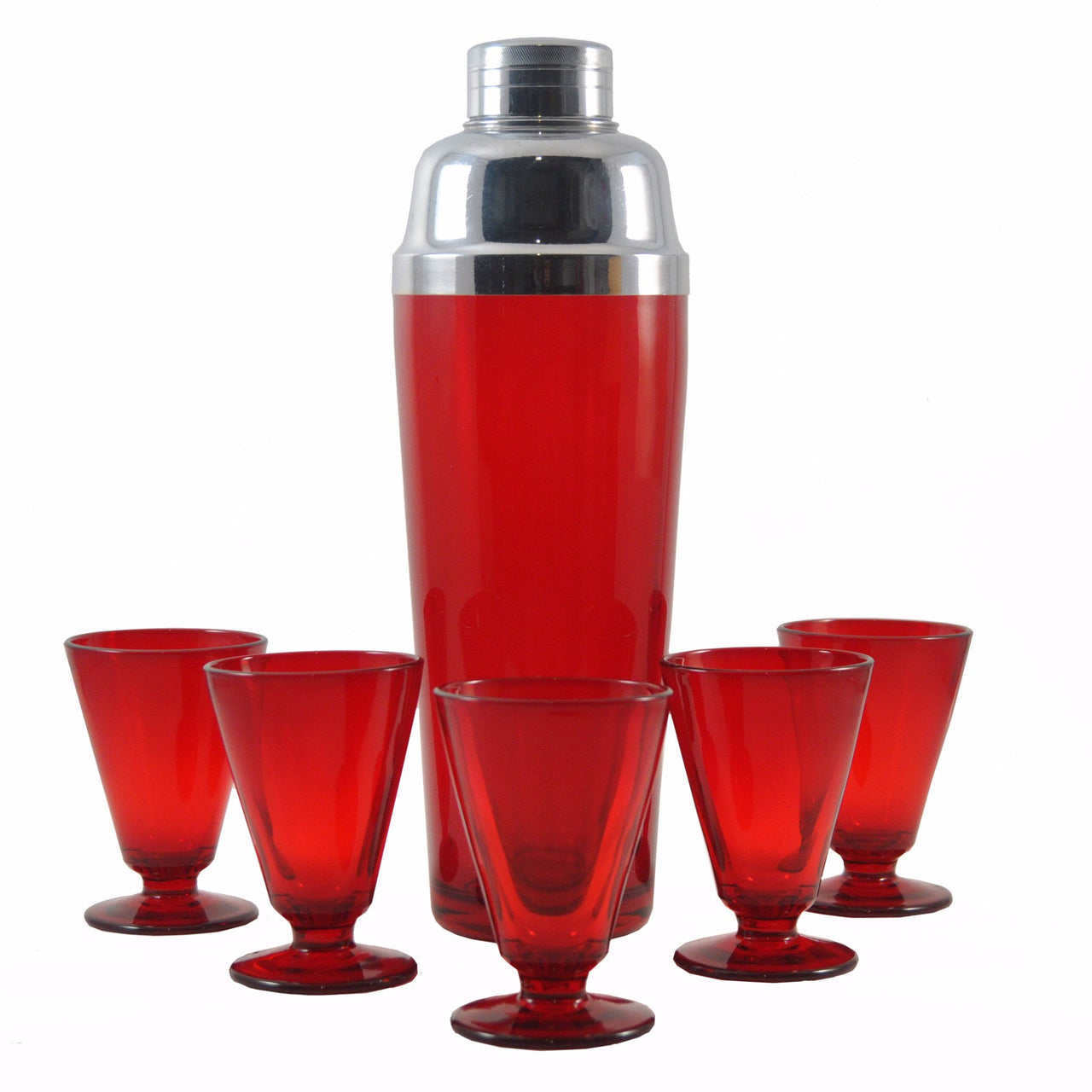 Ruby Red Glass Deco Vintage Cocktail Shaker Set, The Hour