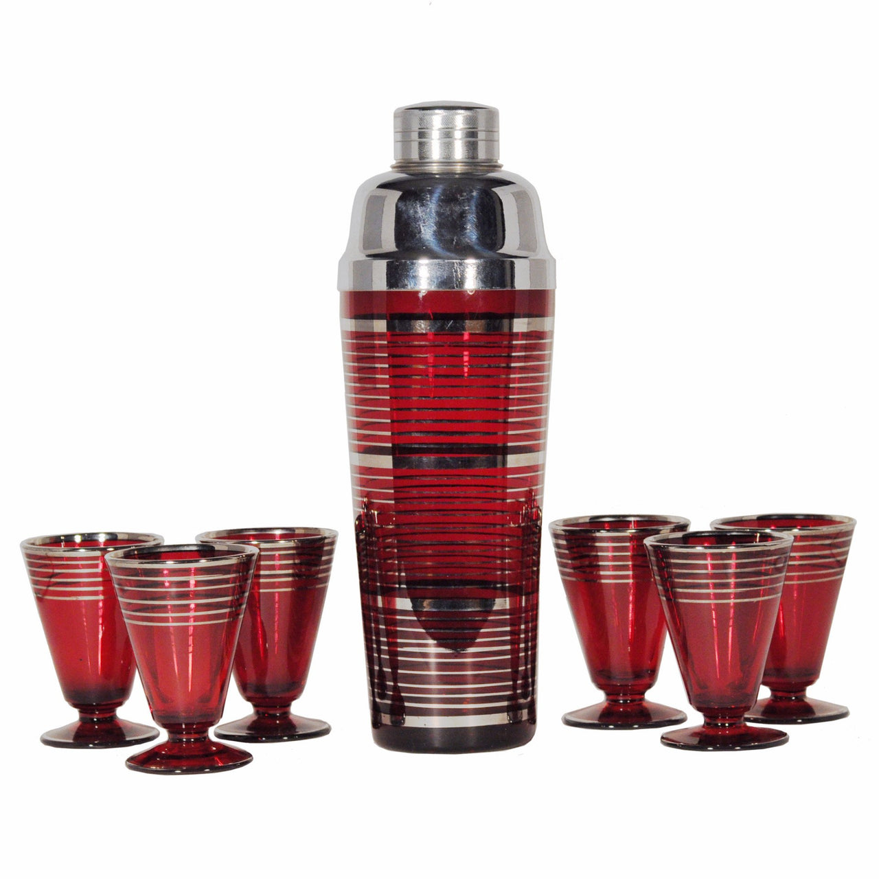 Vintage Ruby Red & Silver Stripe Cocktail Shaker Set, The Hour Shop