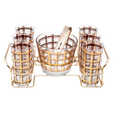 Vintage Gold & Brown Plaid Ice Bucket Glass Caddy Set | The Hour