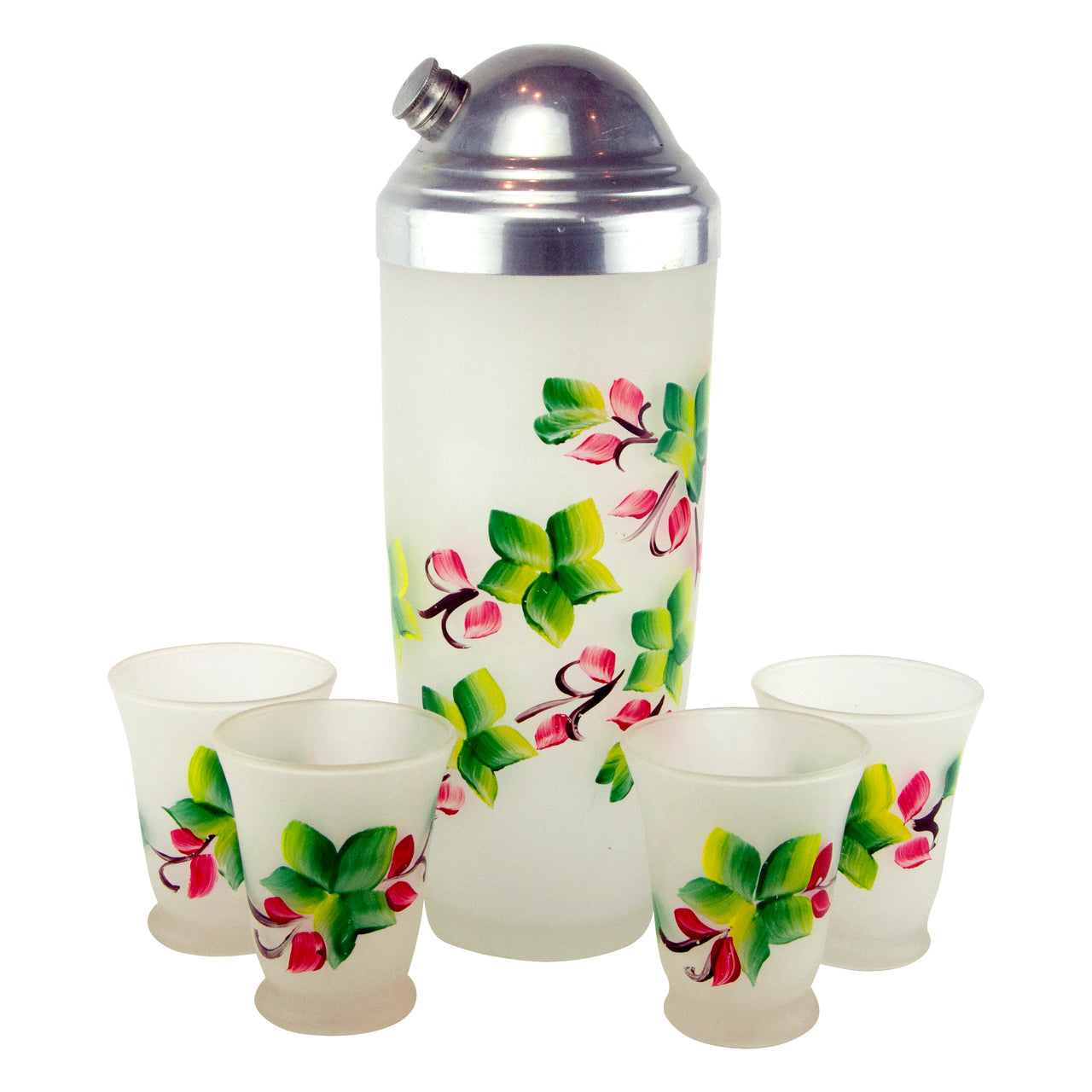 Vitnage Hand Painted Flowers Frost Glass Cocktail Shaker Set
