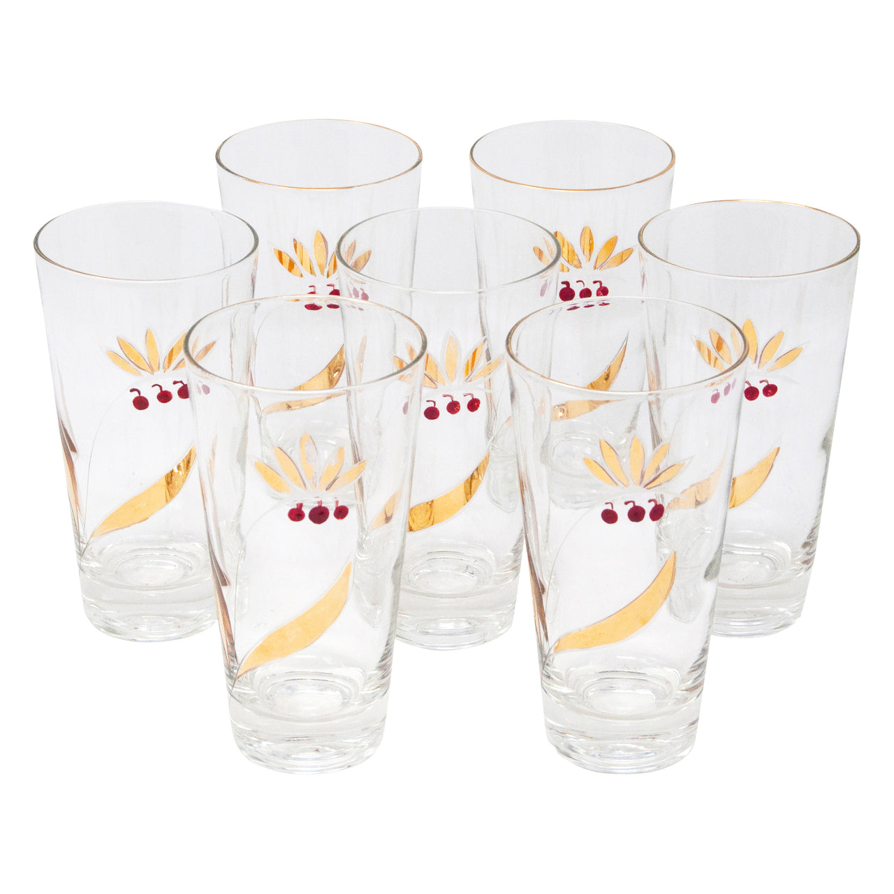 Vintage Cherries and Gold Leaves Collins Glasses | The Hour Shop