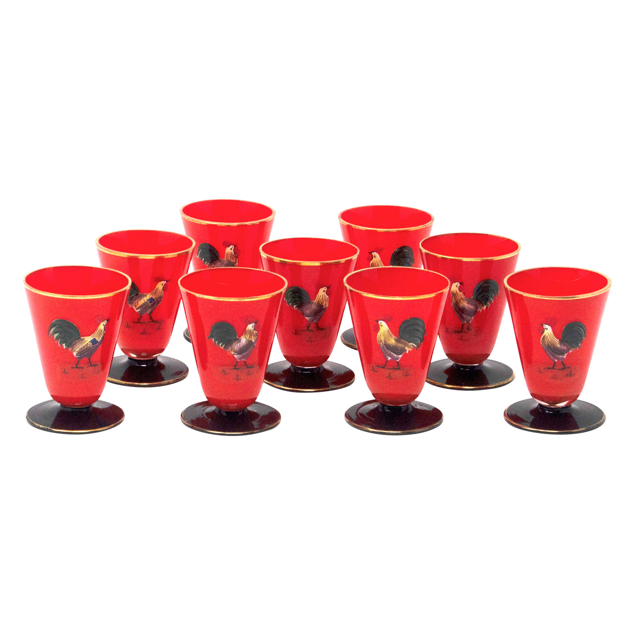 Vintage Prohibition Era Red & Black Hand Painted Roosters Cocktail Glasses | The Hour Shop