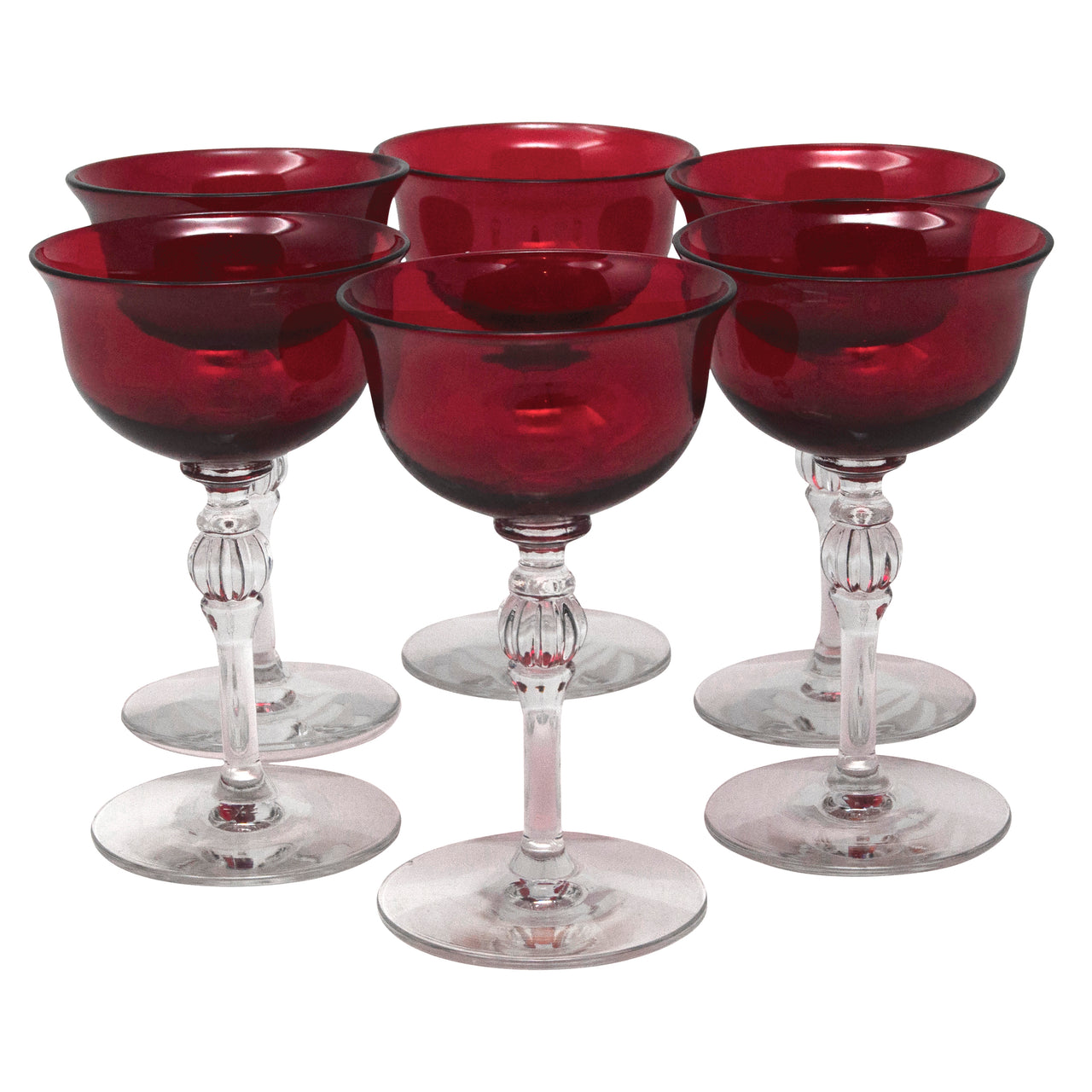 VTG Square Stem Ruby Red Base Optic Champagne Cocktail Glasses 4.25” 3 Oz  MINT