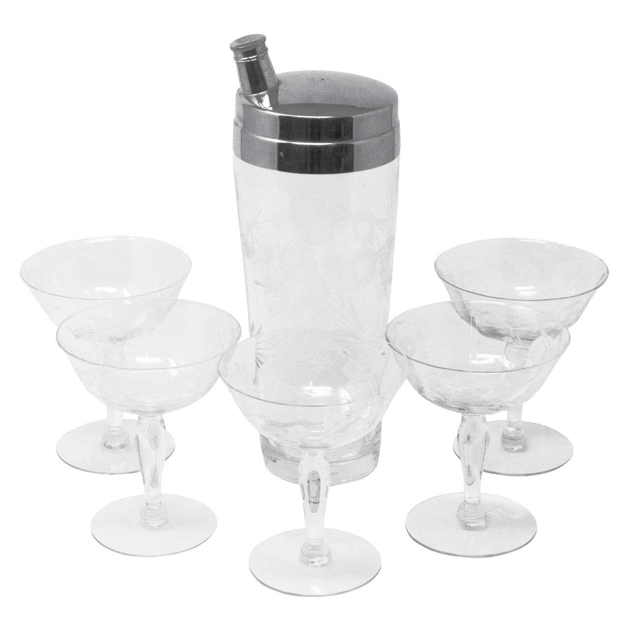 Vintage Floral Etched Clear Cocktail Shaker Set | The Hour Shop