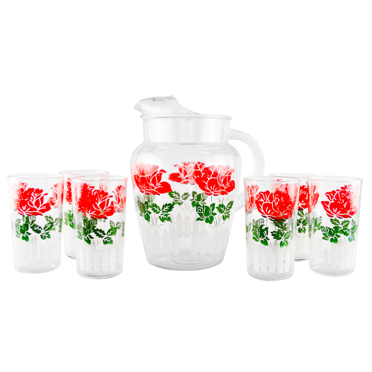 Mid Century Vintage Red Rose Glass Pitcher Glasses Set | The Hour Shop