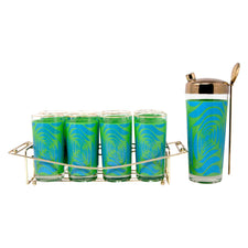 Vintage Blue and Green Mod Pattern Cocktail Shaker Caddy Set Front | The Hour Shop