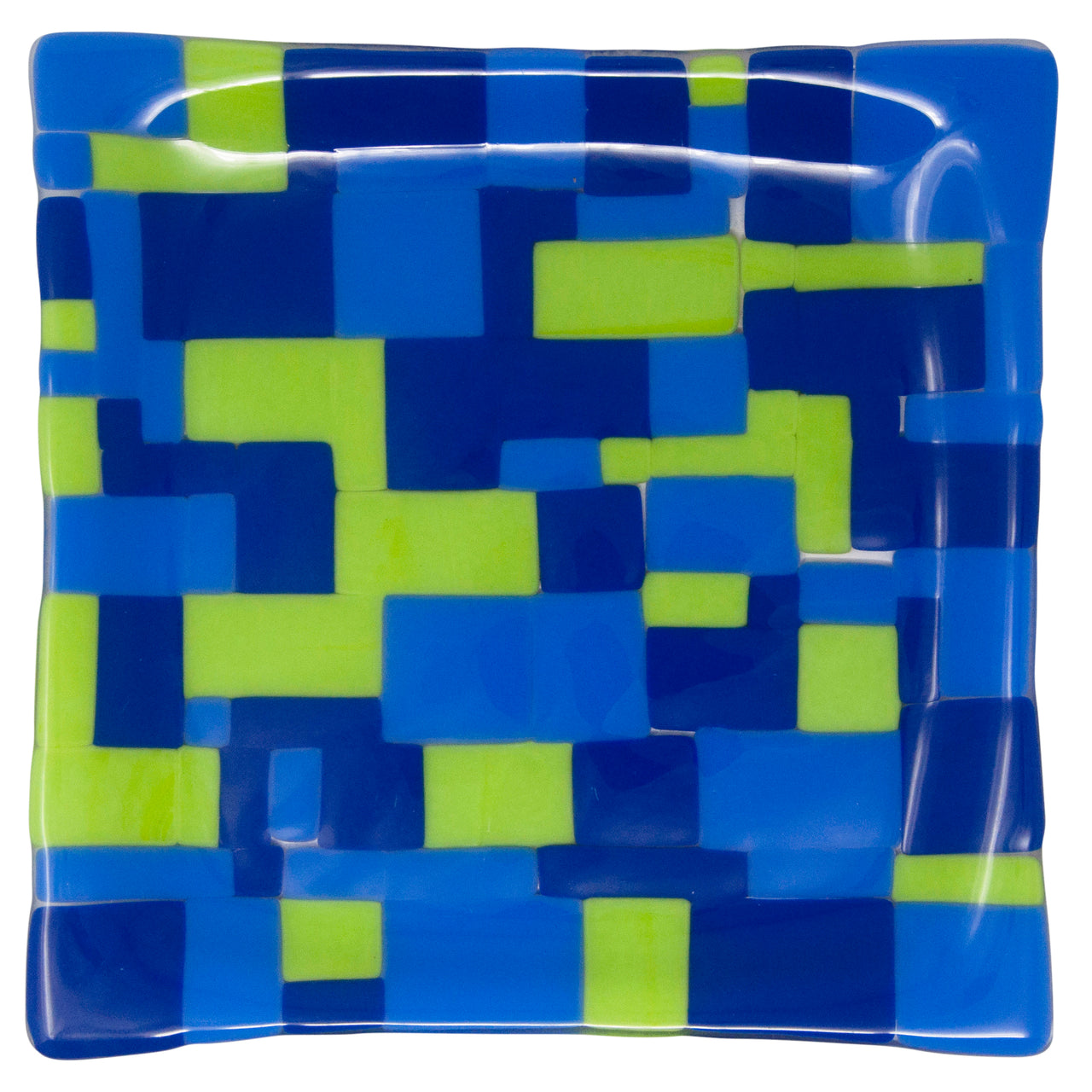 Blue & Green Squares & Rectangles Bent Glass Tray | The Hour Shop