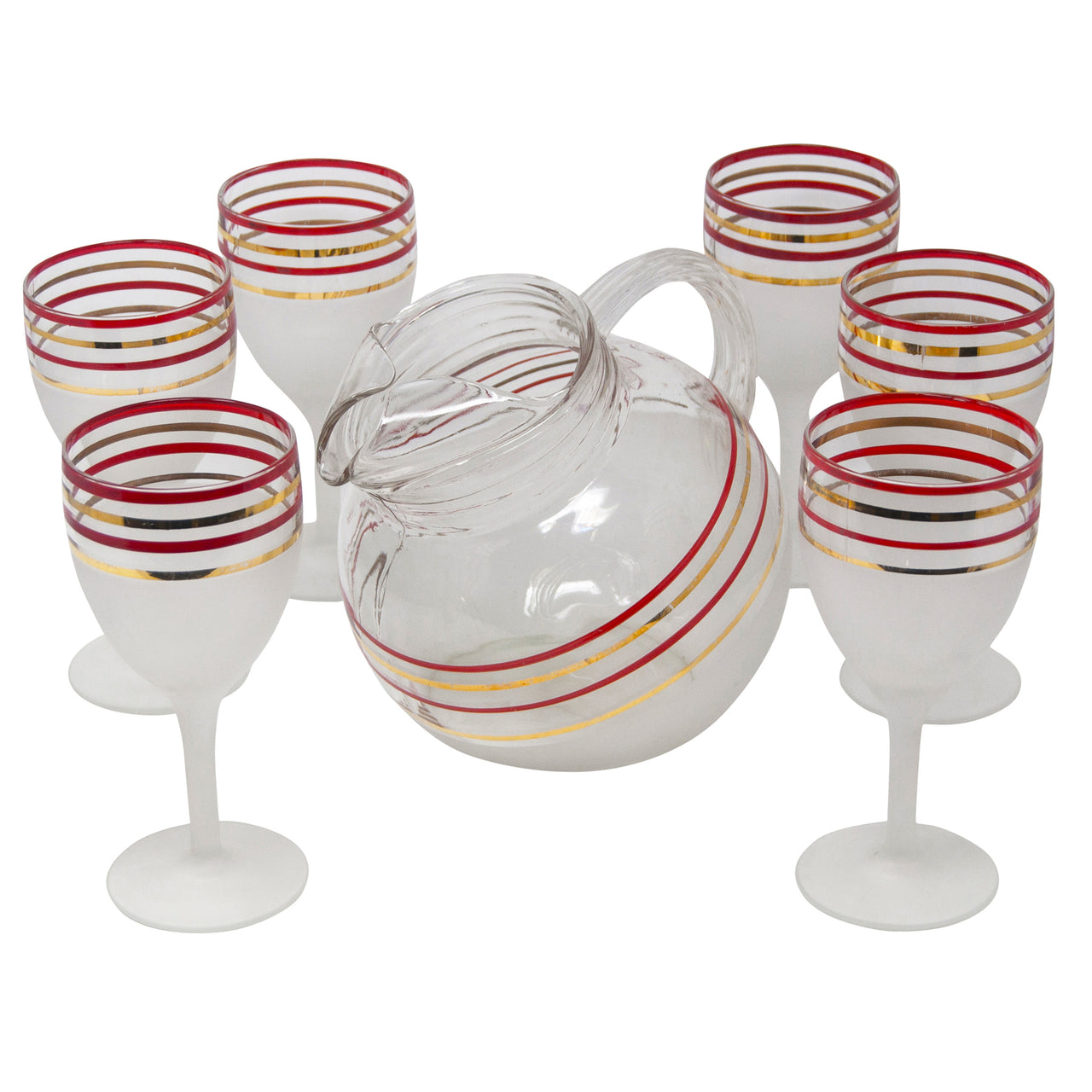 Vintage Frosted Red & Gold Stripes Pitcher Set | The Hour Shop