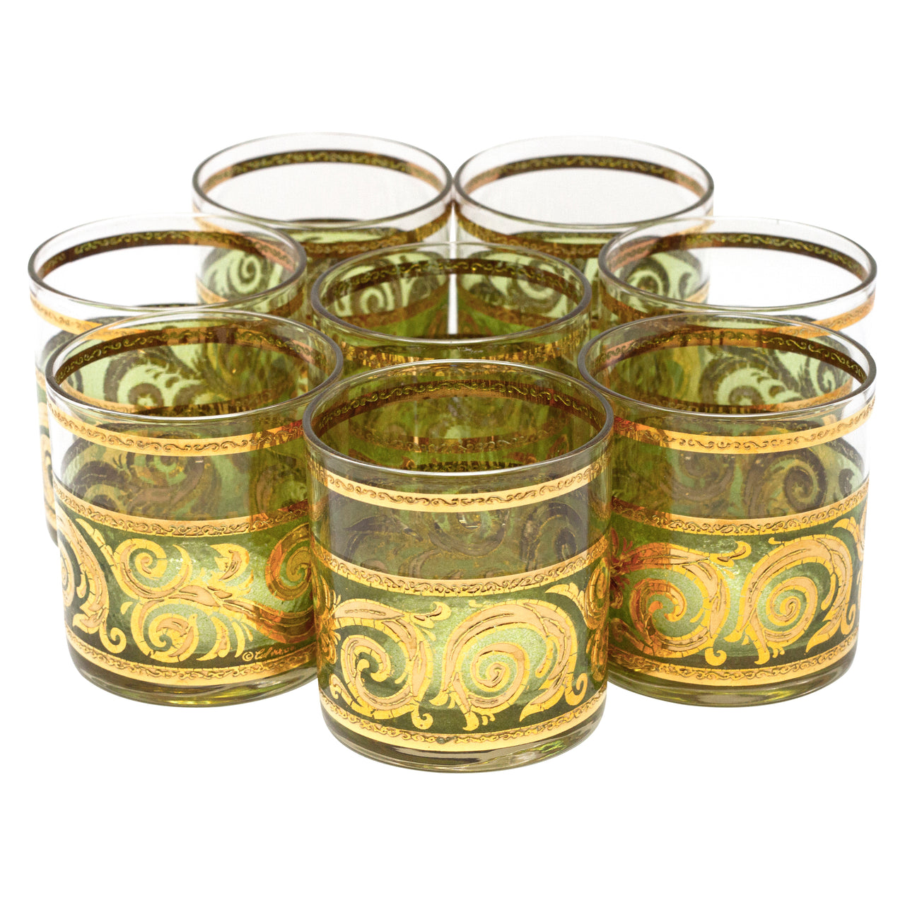 Vintage Culver Toledo Green Gold Rocks Glasses | The Hour